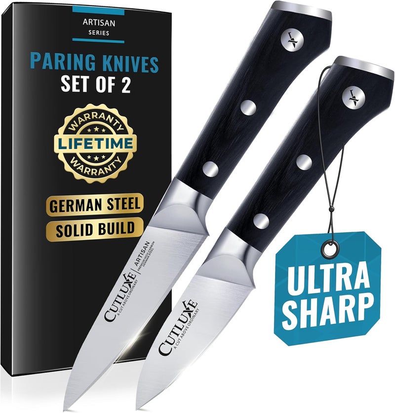 Cutluxe Paring Knife Set – 4" Fruit and 3" Peeling Knives – Small Knife with Razor Sharp Blade – High Carbon German Steel, Full Tang & Ergonomic Handle Design – Artisan Series - Image 1